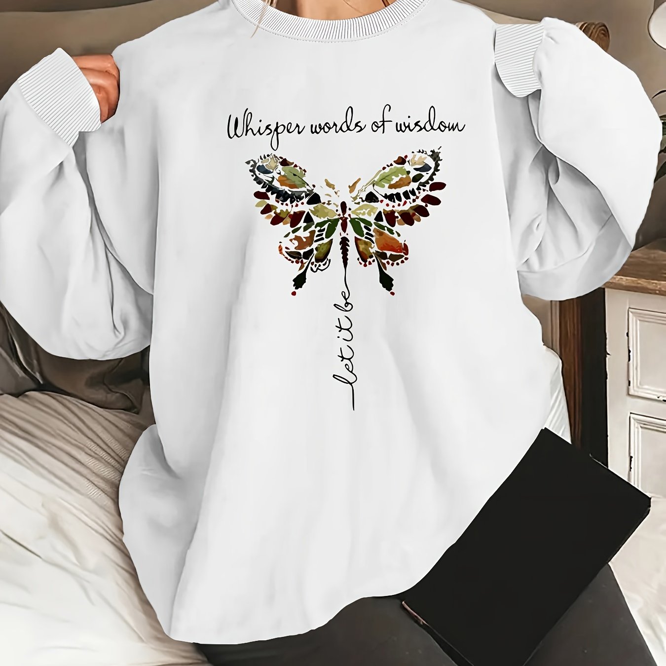 Women's Oversized Butterfly Graphic Long Sleeve Sweatshirt, Round Neck, Casual, Machine Washable