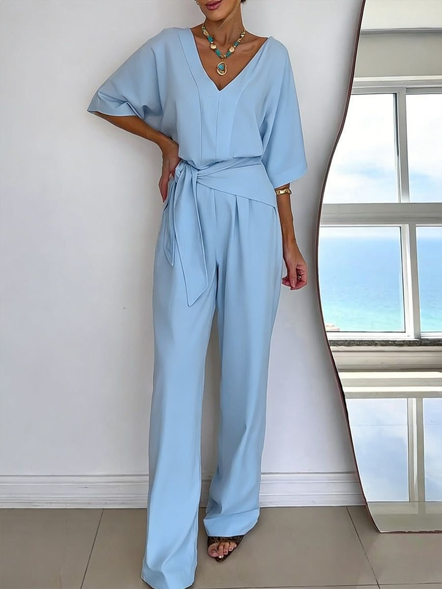 Chic V-Neck Belted Casual Jumpsuit
