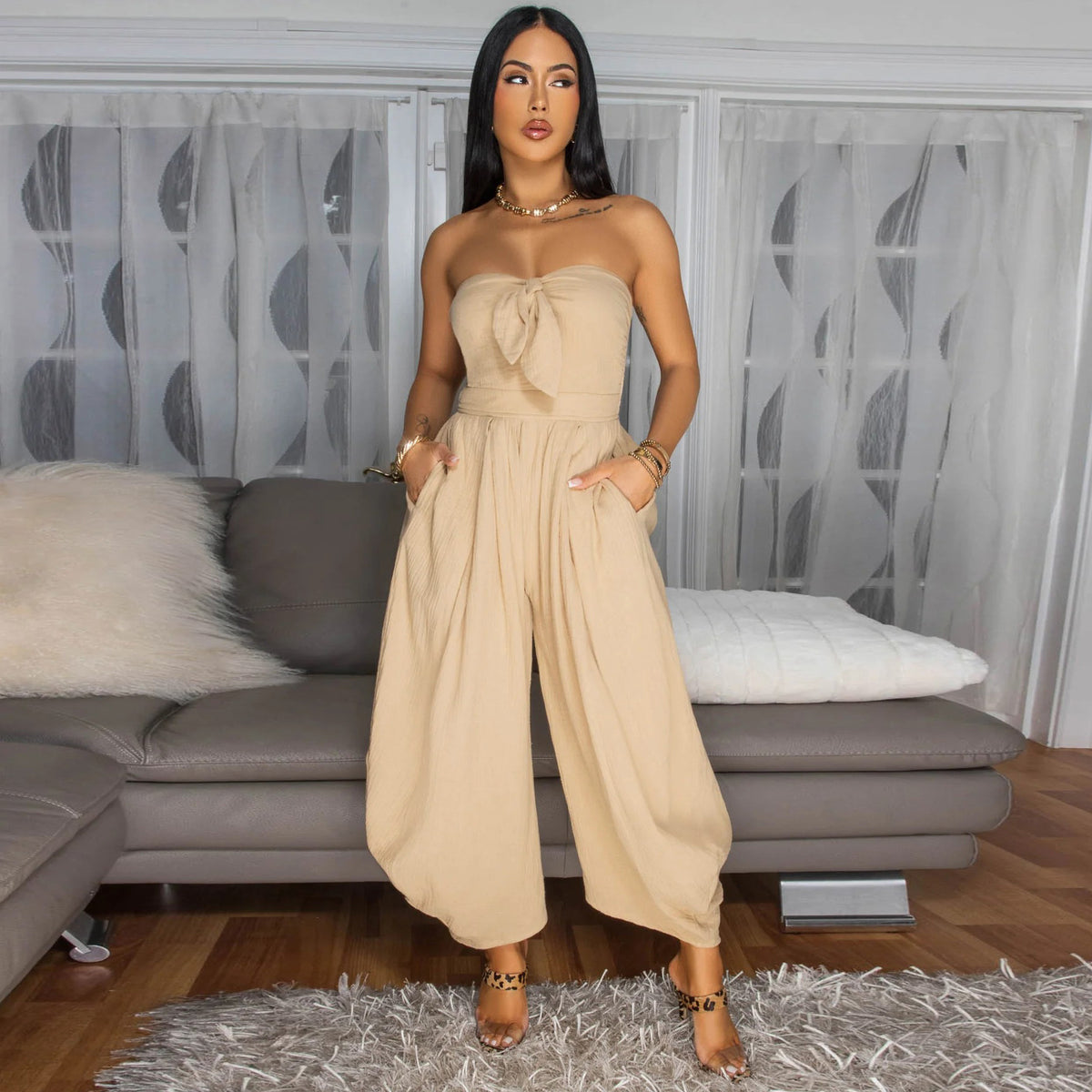 Women's Solid Chest Wrap Casual Loose Jumpsuit