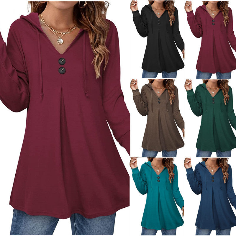 Women's V-Neck Long Sleeve Casual Hooded Pullover Sweater