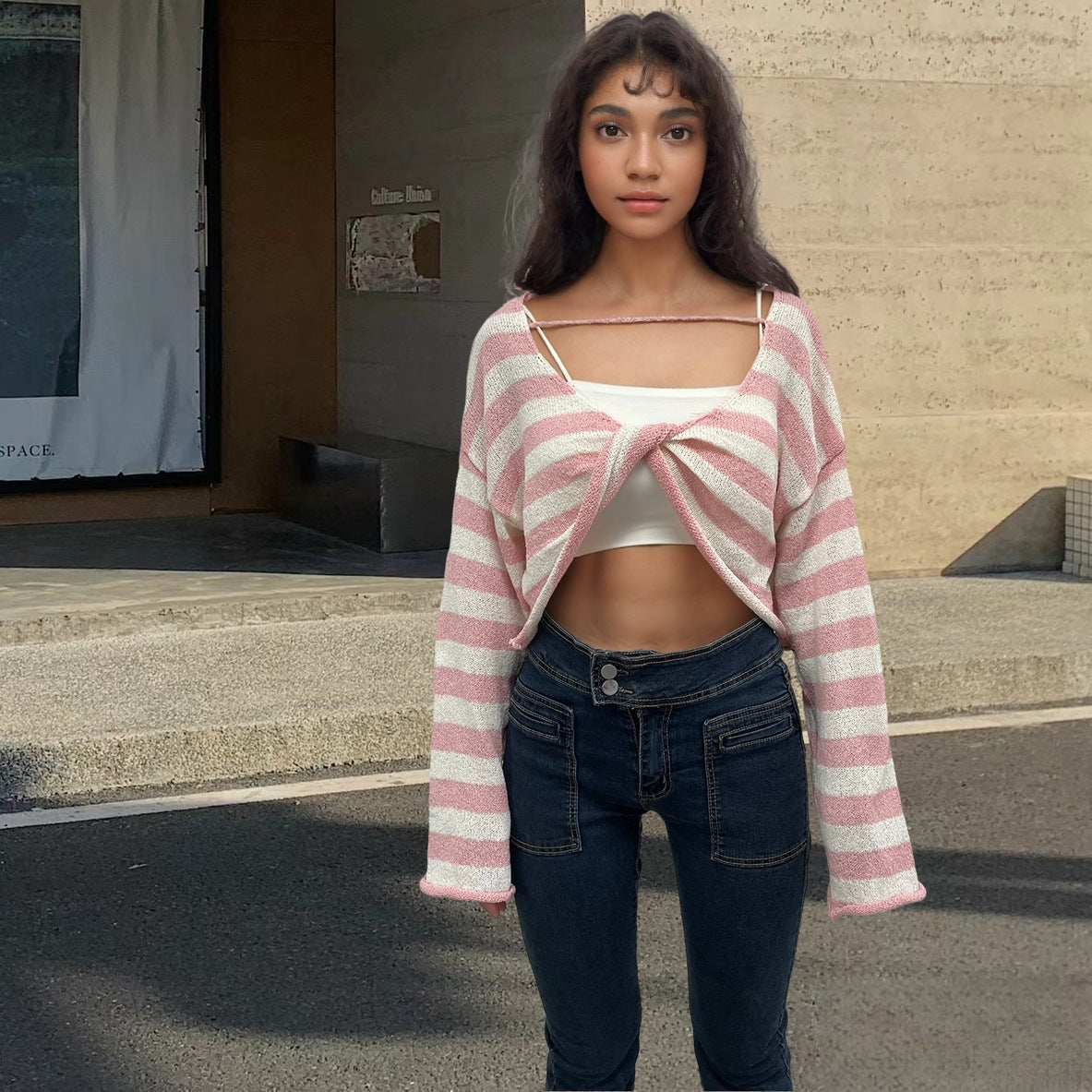 Front and Back Wearable Striped Long-sleeved Sweater