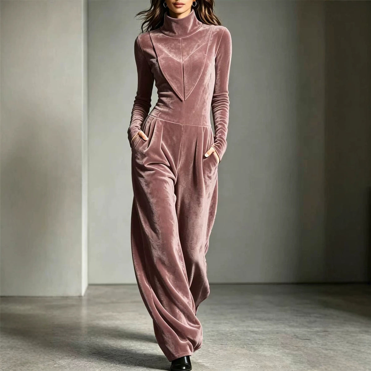 Women's Casual Turtleneck Long-Sleeve Solid Jumpsuit