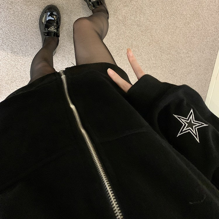 Sweet Cool Stars Embroidered Zipper Hooded Sweatshirt Jacket Female