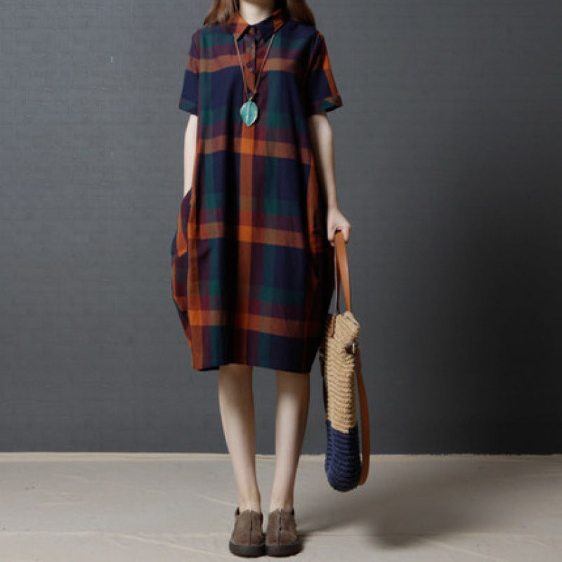 Fashionable Plaid Midi Shirt Dress
