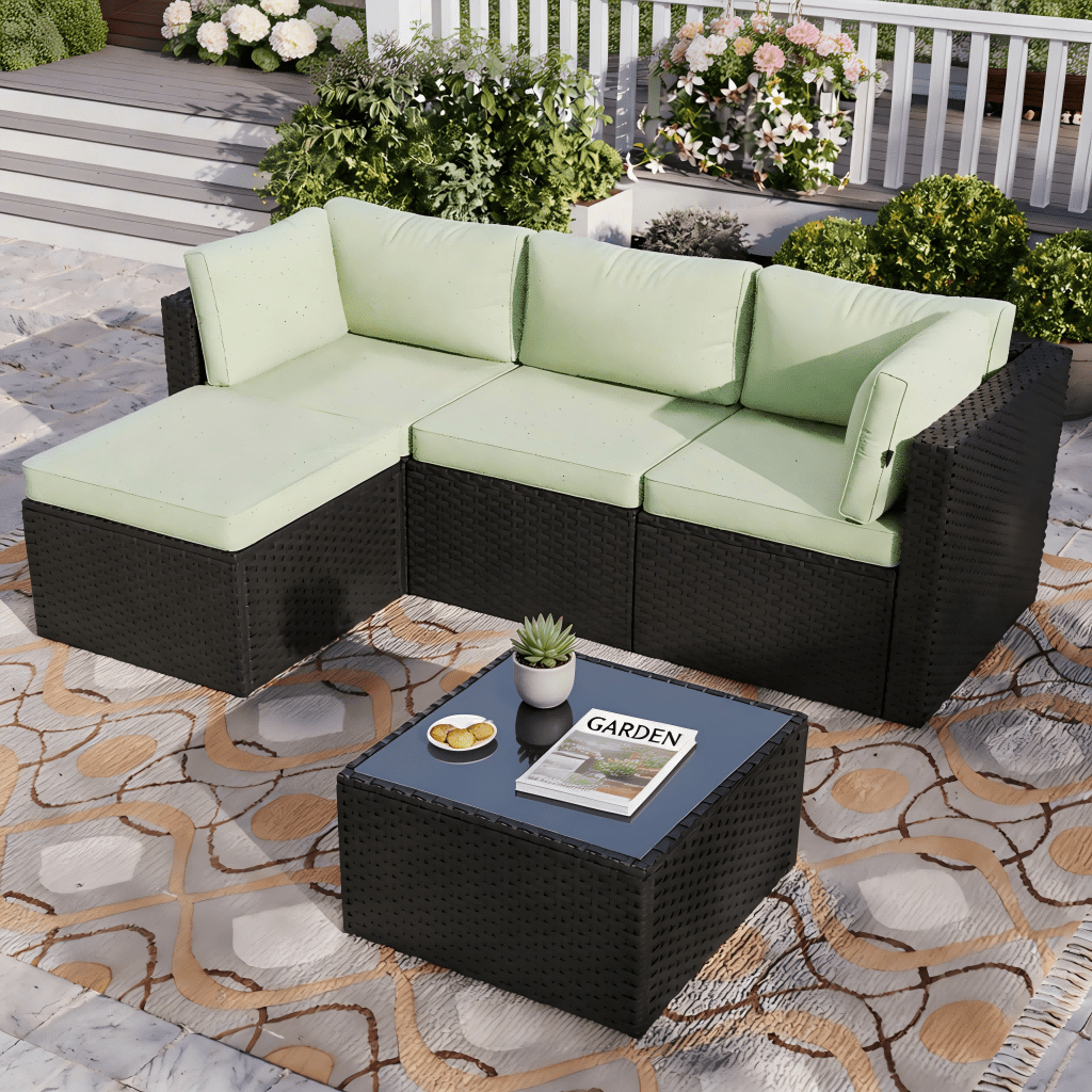 Outdoor Patio Rattan Sofa Set – L-Shaped Sectional with Beige Cushions, Glass Top Coffee Table & Ottoman, All-Weather Wicker Furniture for Garden, Poolside, Backyard – Four Color Cushions & Black Wicker Frame