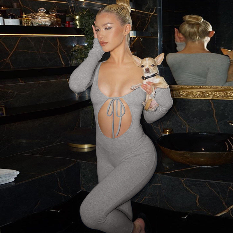 Slim-Fit Long Sleeve Chest Hollow Jumpsuit