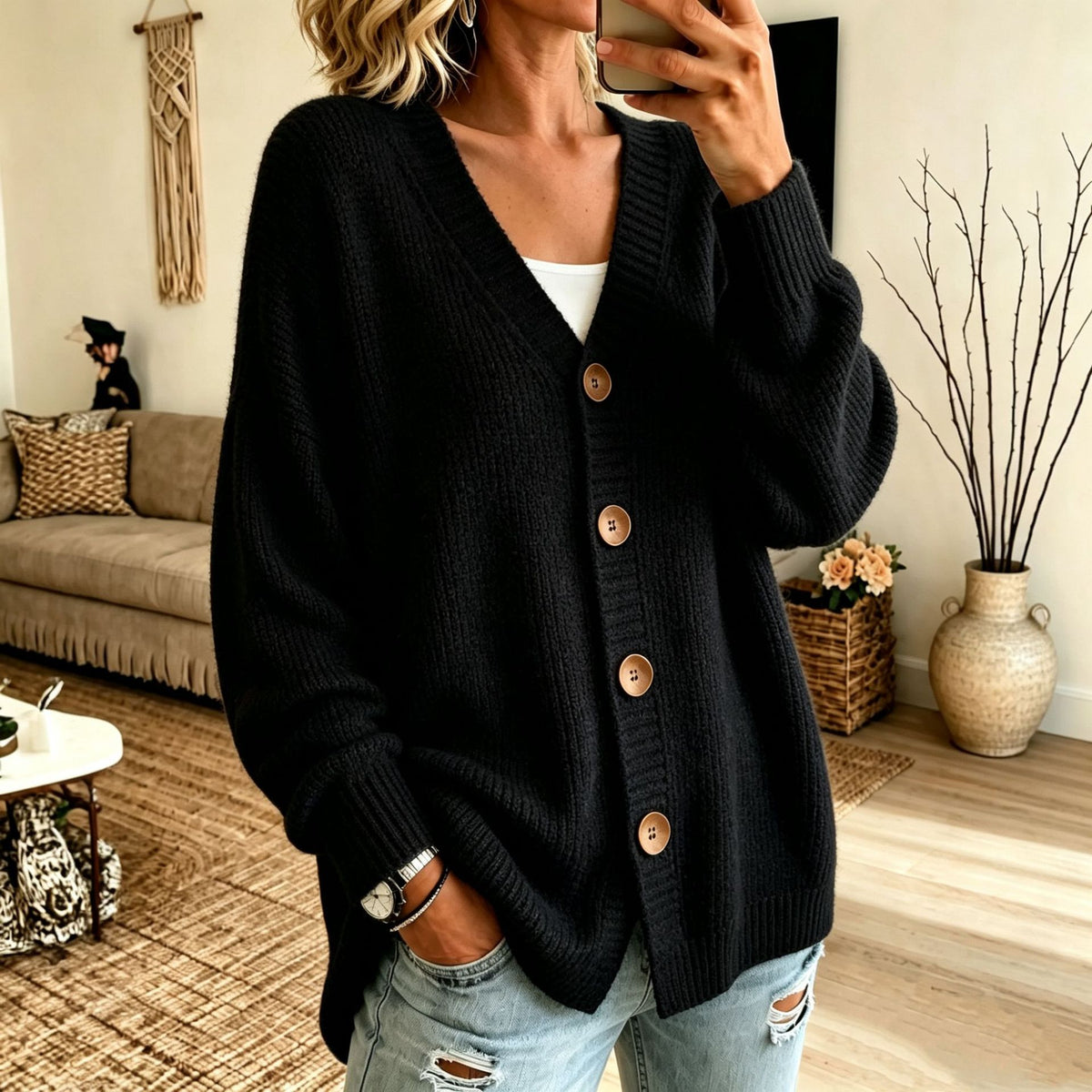 Buttoned V-neck Knitted Cardigan Sweater for Women