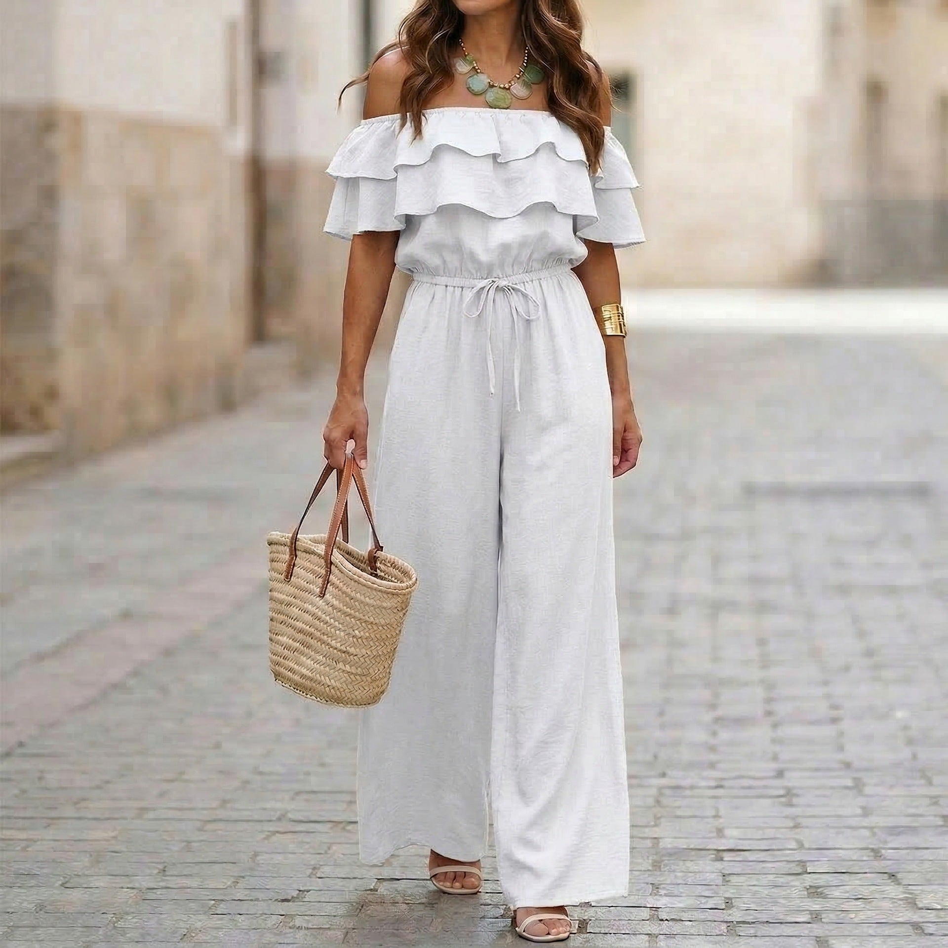 Womens Ruffled Off-Shoulder Solid Color Cinched Waist Jumpsuit