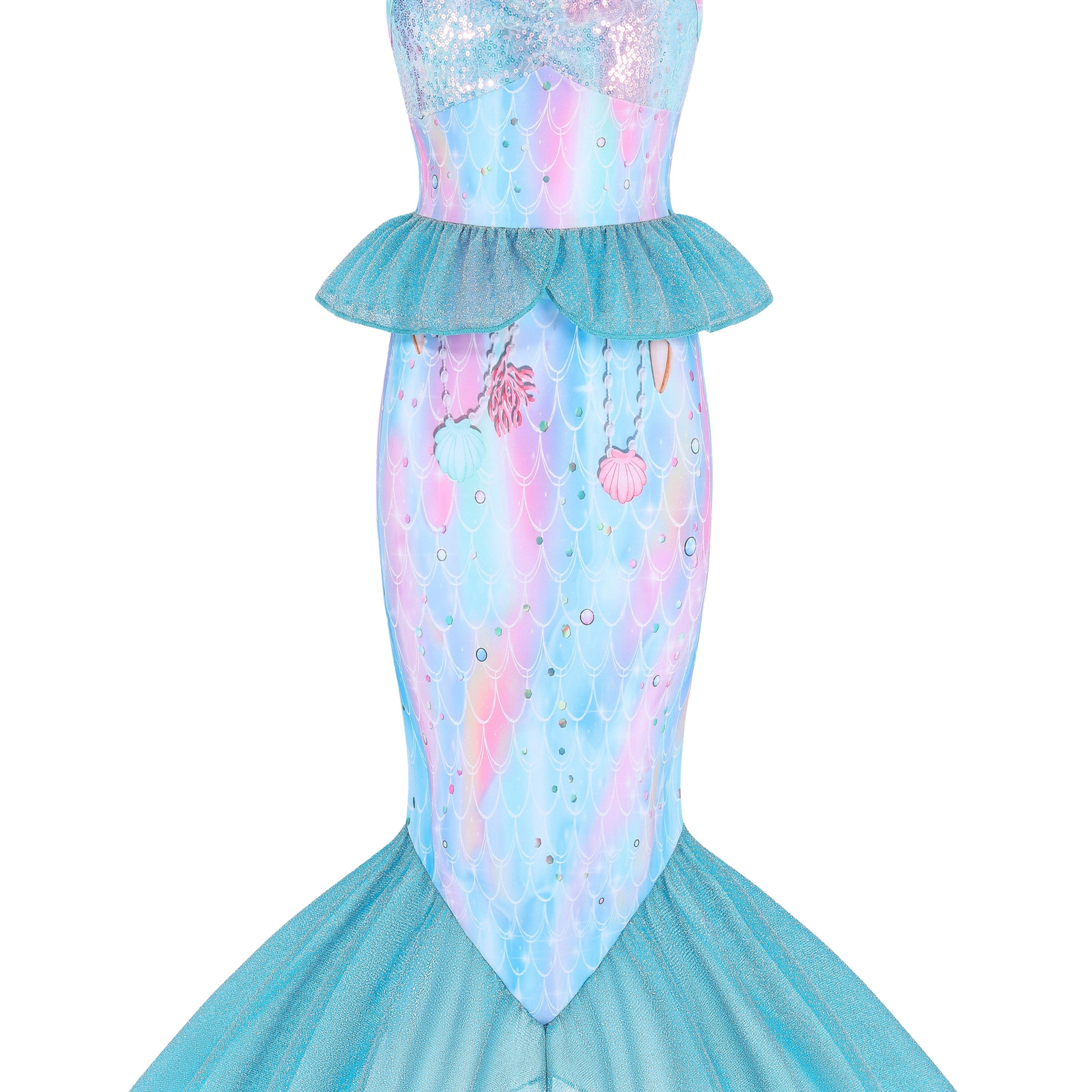 Girls Mermaid Dress with 3D Tail and Ruffled Skirt