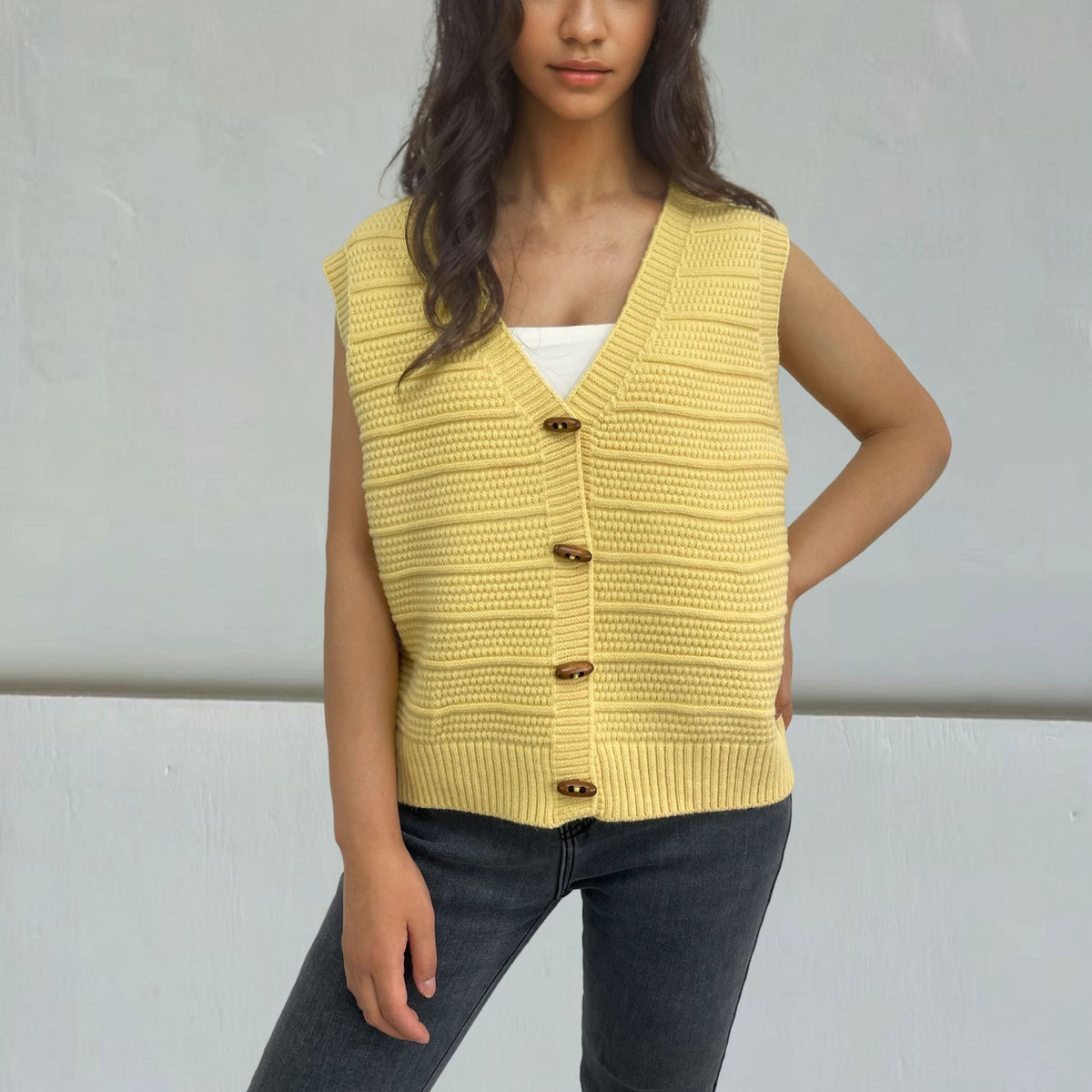 Horn Button Sleeveless V-neck Knitted Vest for Women