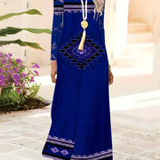 Vintage Navy Blue Womens Printed Elegant Long Party Dress
