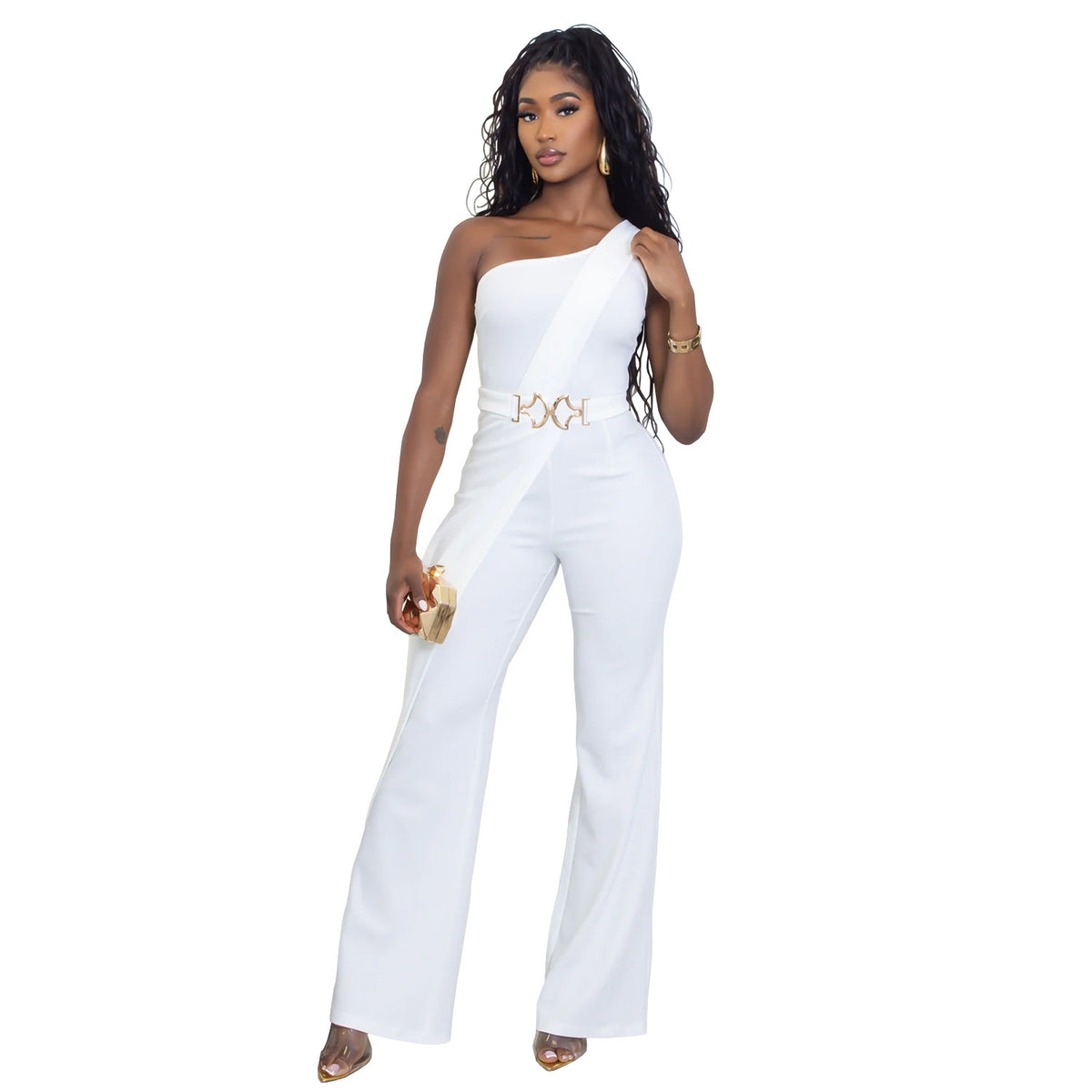 Elegant One-Shoulder Wide-Leg Jumpsuit with Buckle