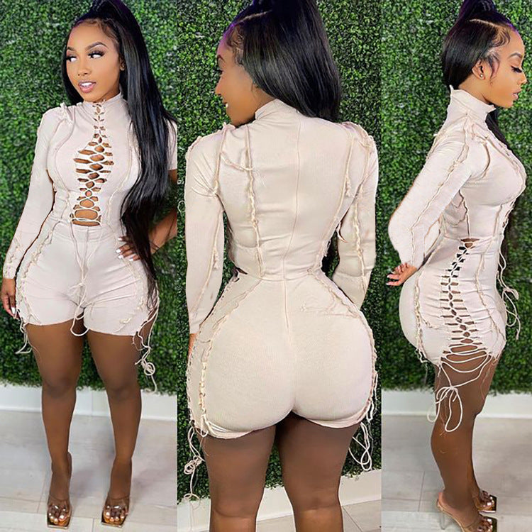 Fashion Sexy Patchwork Solid Color Tether Long Sleeve Jumpsuit