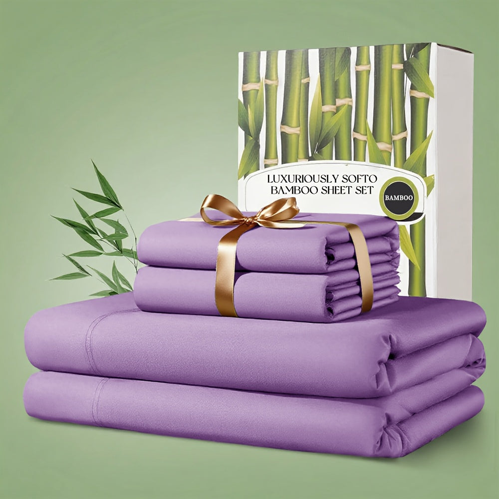 4 Pcs Bamboo Bed Sheet Set, 2200 TC Cooling Fabric, Bamboo Fitted Sheet Set, Extra 18\"-24\" Deep Pocket, Cooling & Breathable With Smooth Feel, Queen Size Sheets Ultra Soft For Hot Sleepers...