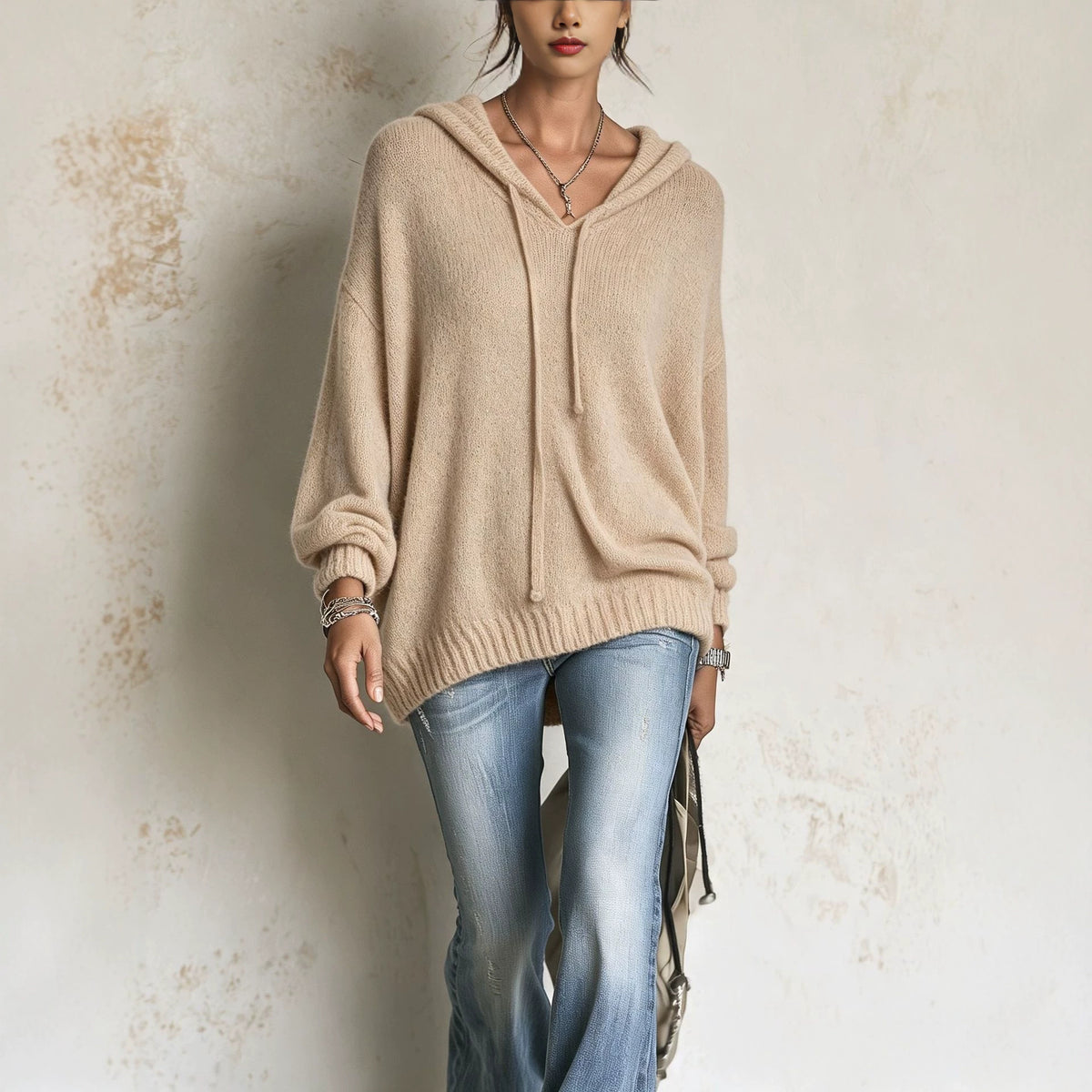 Womens Knitted Hooded Long-sleeve Sweater with Drawstring