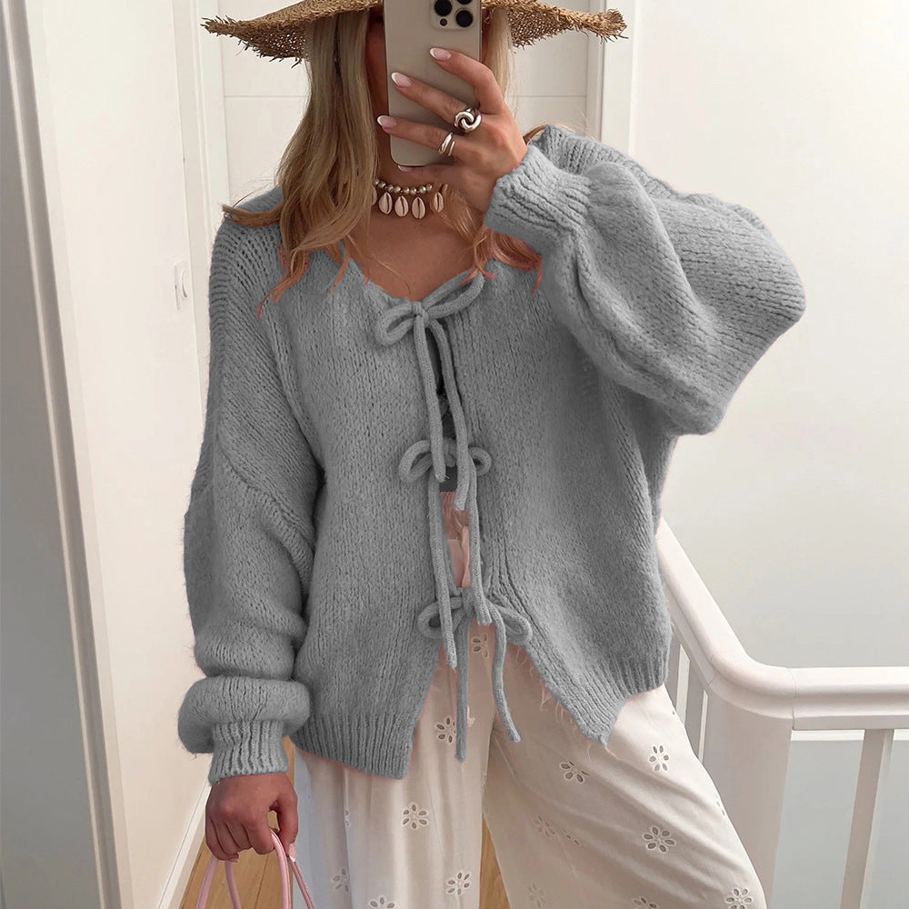 Women's Solid Color Casual Loose and Simple Lace-up Sweater Coat