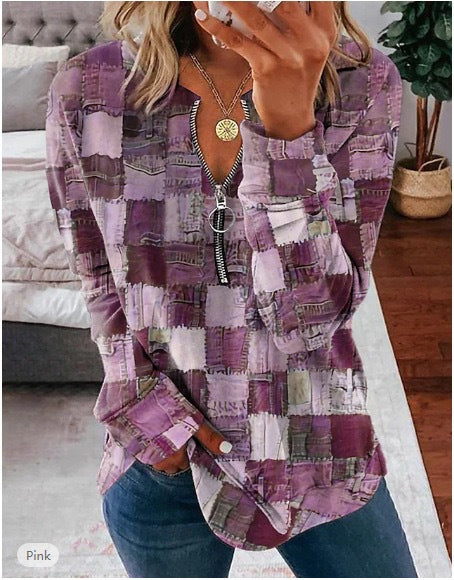 Faux Denim Zip Pullover Casual Top