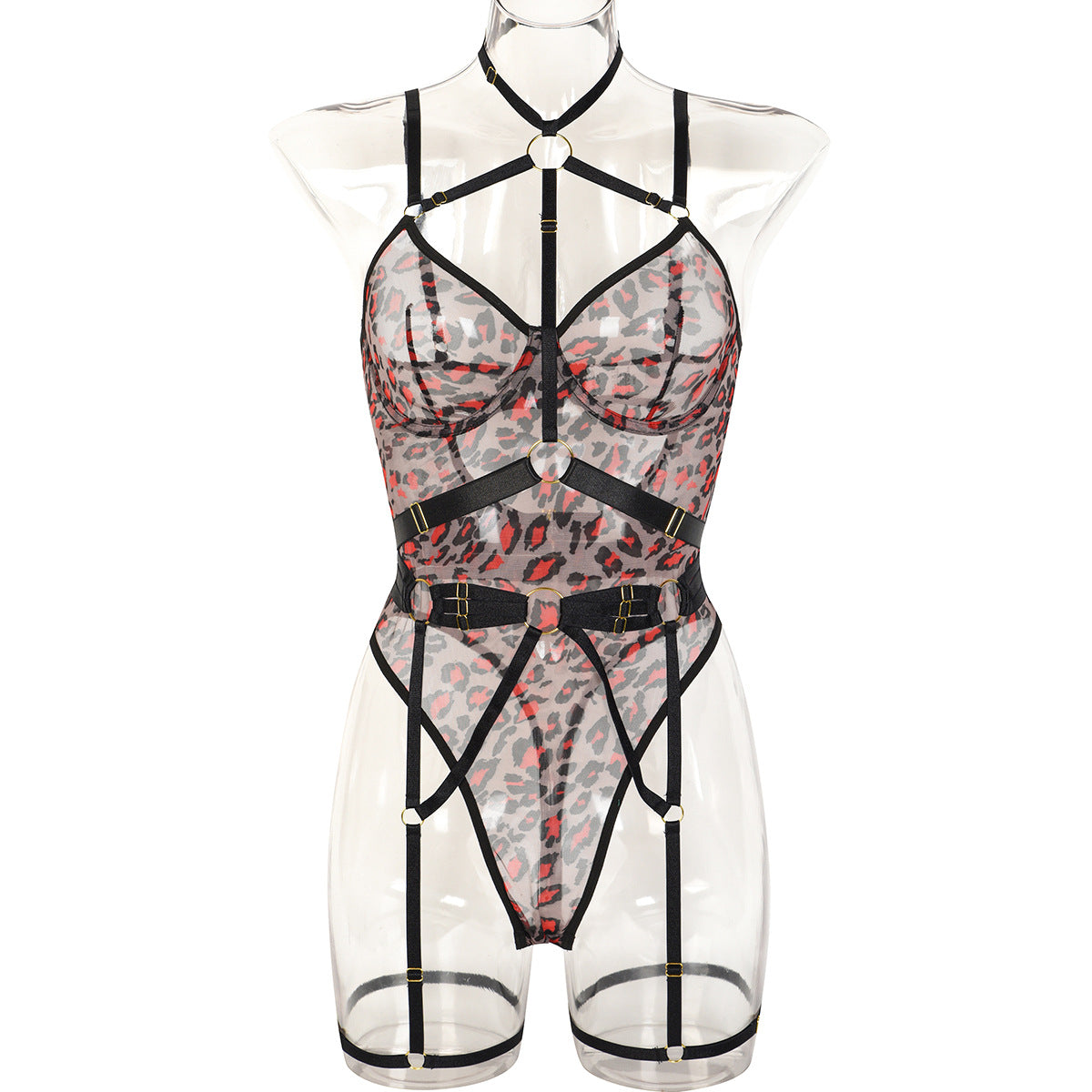Leopard Print Sheer Mesh Sexy Lingerie with Steel Ring