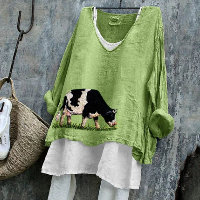 Cow Print Linen Long Sleeve Top – Casual Green Farm‑Style Shirt
