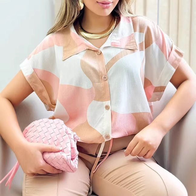Women's Casual Lace-up Printed Short-sleeve Shirt