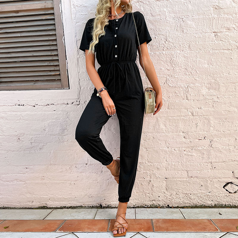 Womens Solid-Colored European And American-Style Jumpsuit With Cuffed Legs And A Defined Waist