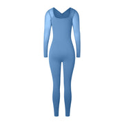 Back Pleated Hollow Sexy Mesh Long Sleeve Jumpsuit