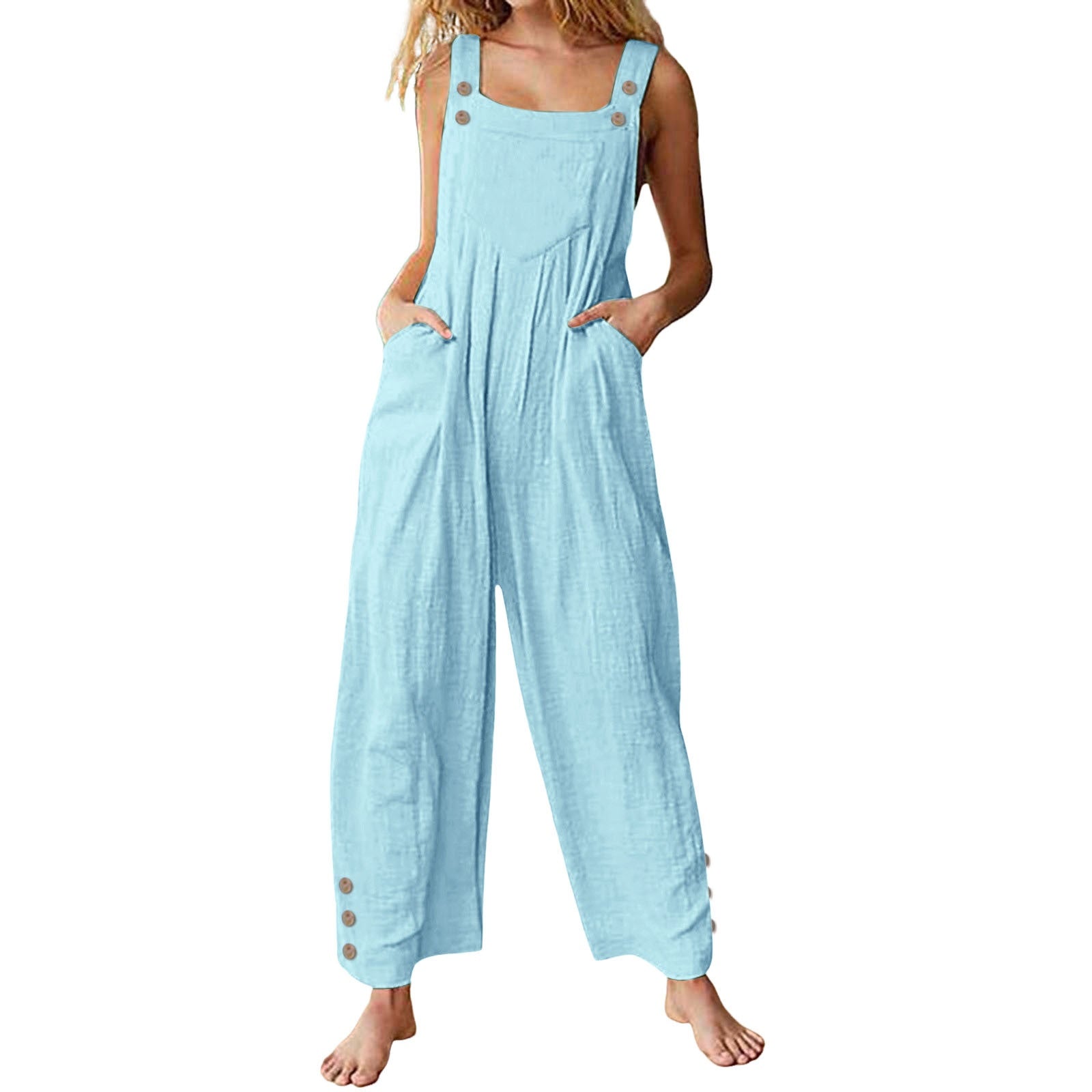 Womens Casual Loose-fitting Sleeveless Buttoned Jumpsuit