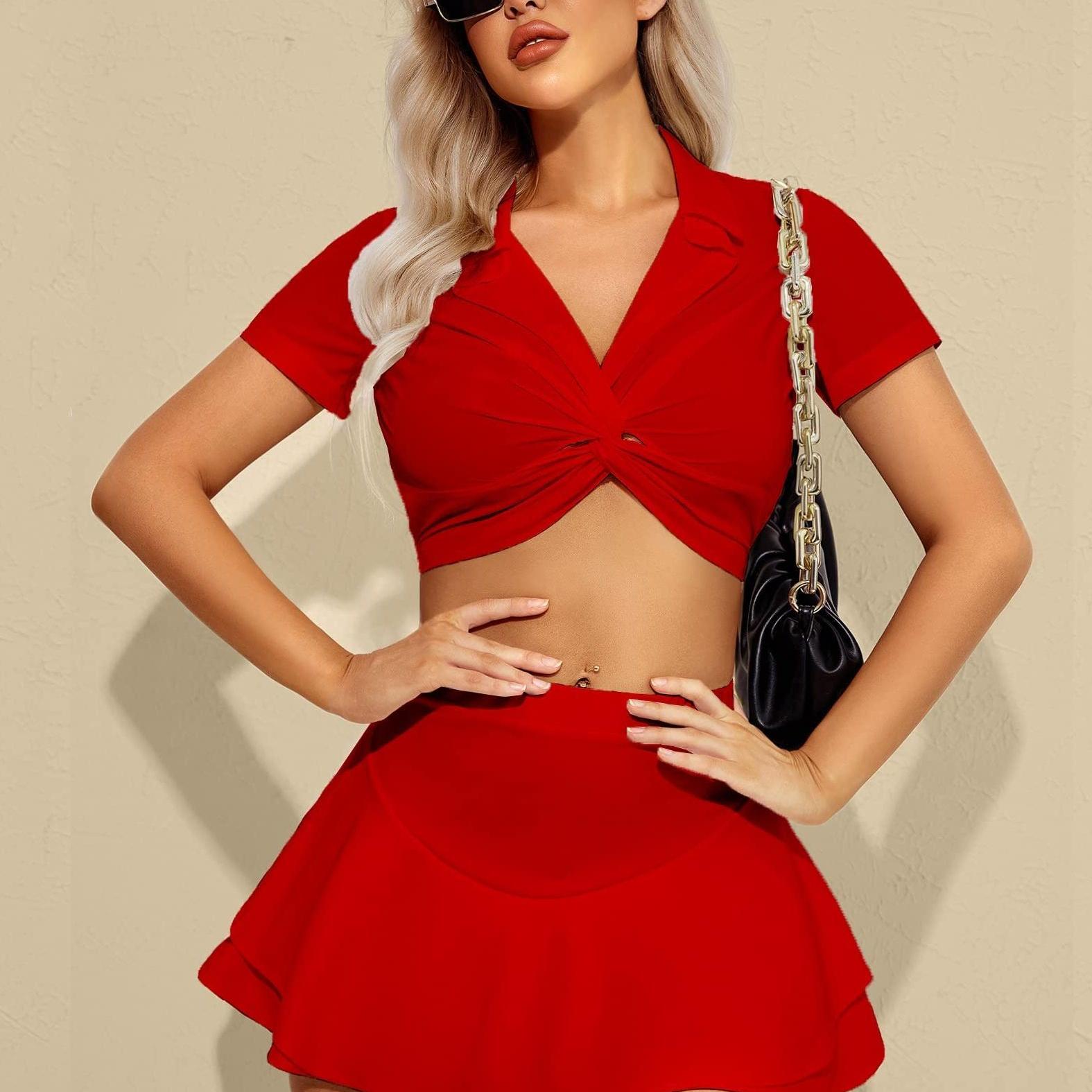Women’s Sexy Solid Mini Skirt with Ruffle Trim, High Waist, Two‑Layer Hem