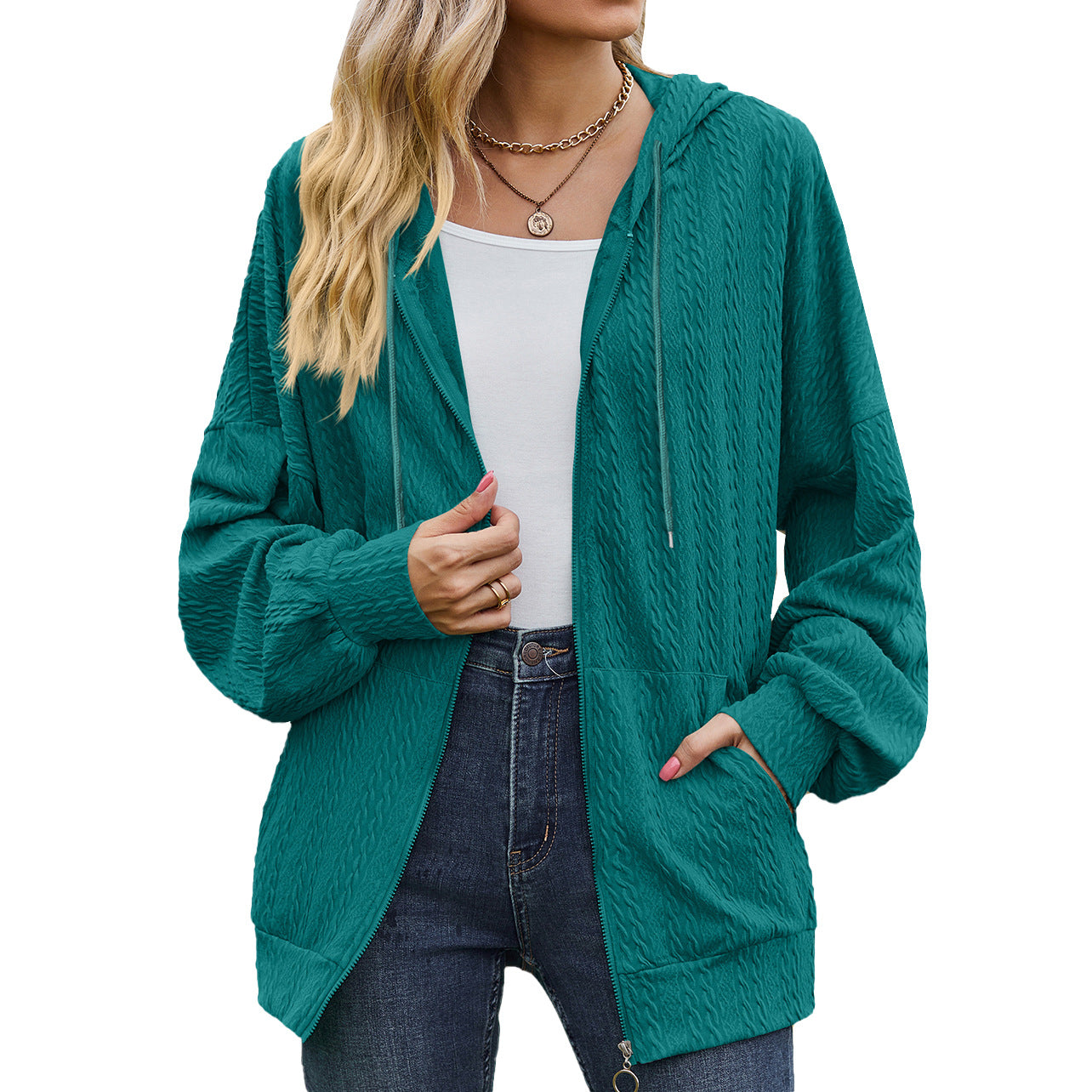 Women's V-Neck Zip-Up Loose Casual Sweater Coat