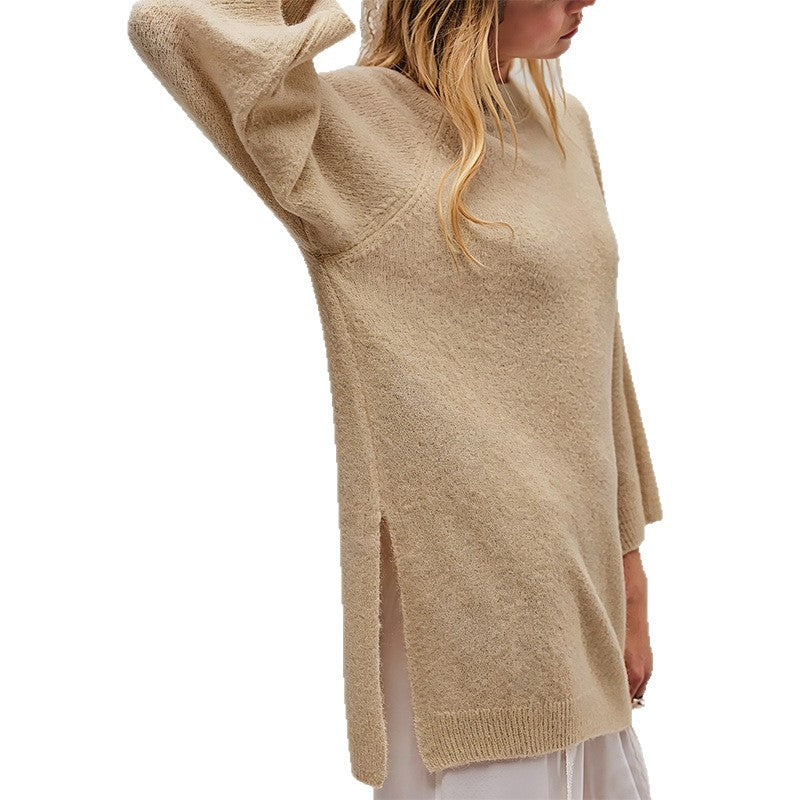 Womens Solid-color Crew-neck Knitted Pullover Sweater