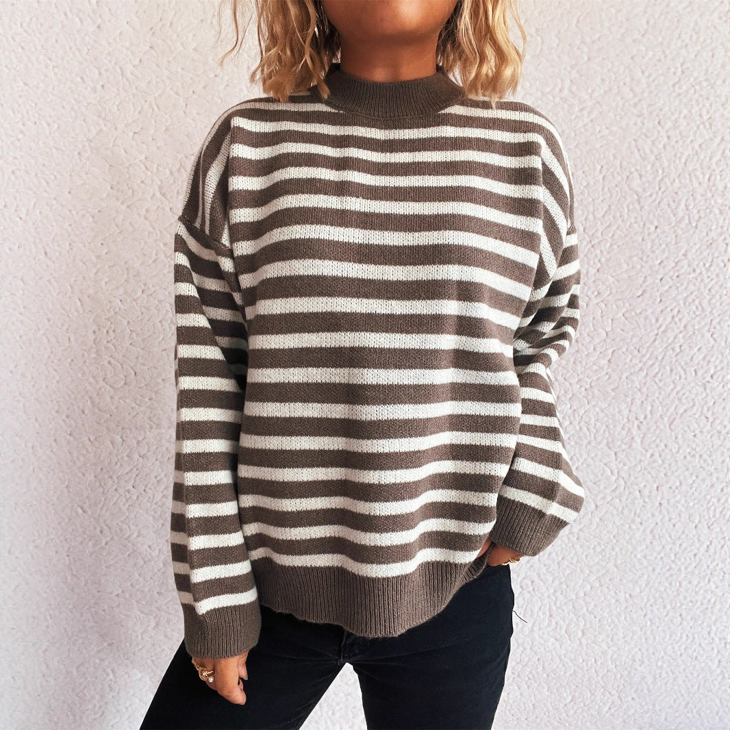New Contrast Color Striped Knitted Sweater for Women