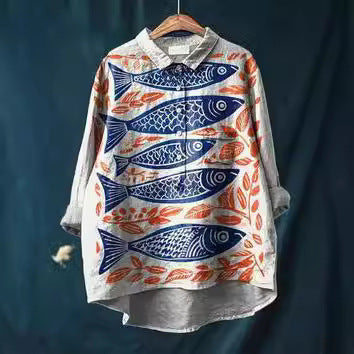 Women's Retro Fish Art Print Lapel Long Sleeve Shirt