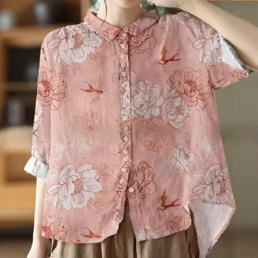 Loose-fitting Short-sleeve Printed Button-front Shirt For Women