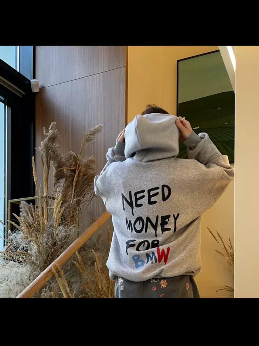 Casual Letter Print Loose Hooded Sweatshirt