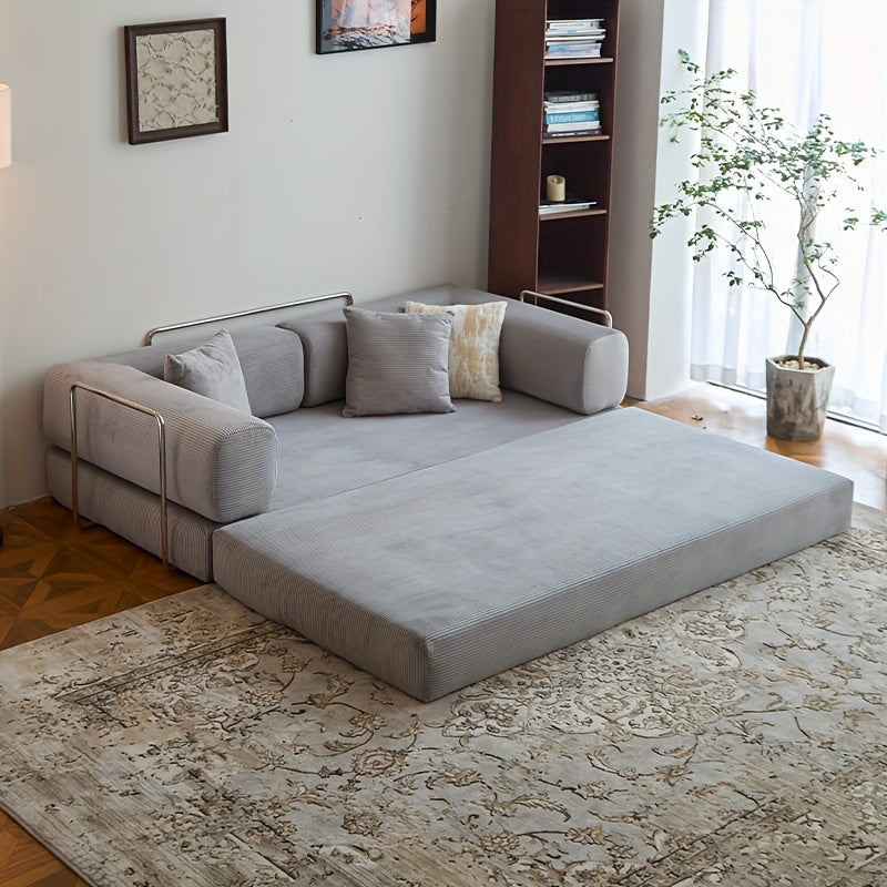 Modular L-shaped chaise longue sofa bed with deep seat and corduroy upholstery