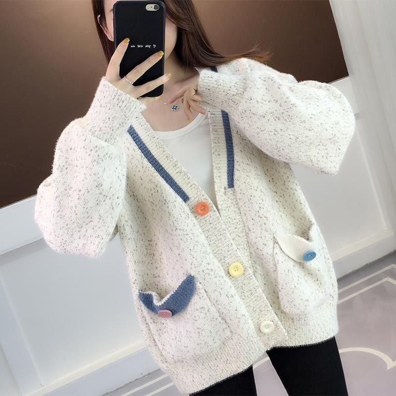 Womens Loose-fitting Outerwear Sweater with Contrasting-color Pockets