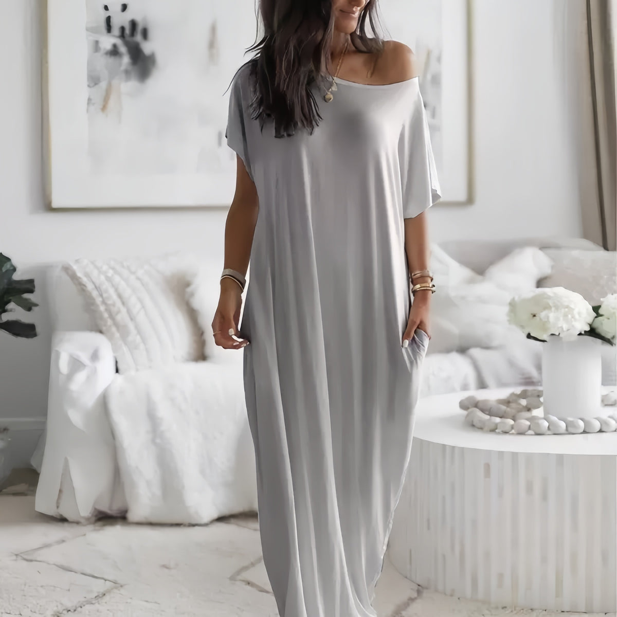 New Womens Solid-color Short-sleeve Long Casual Dress