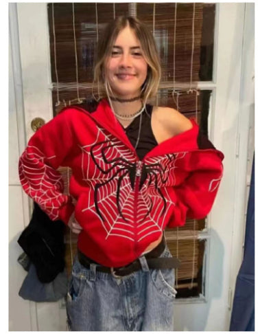 Spider Web Print Zip-Up Hoodie Streetwear Pullover