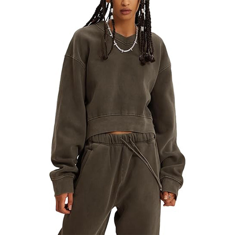 Women's V-Neck Long-Sleeve Crop Sweatshirt & Lace-Up Pants Set