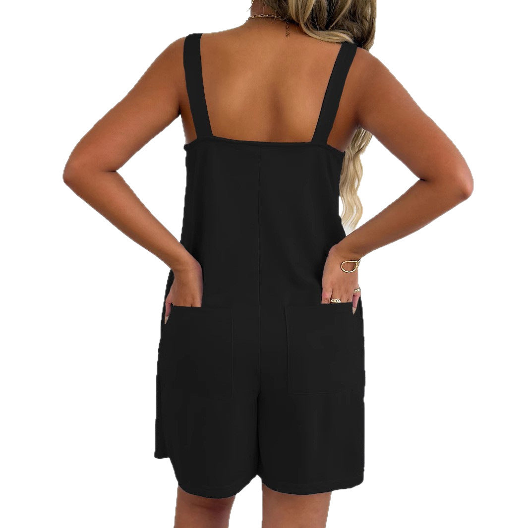 New Womens Loose-fitting Fashionable Solid-color Suspender Pantsoverall Jumpsuit