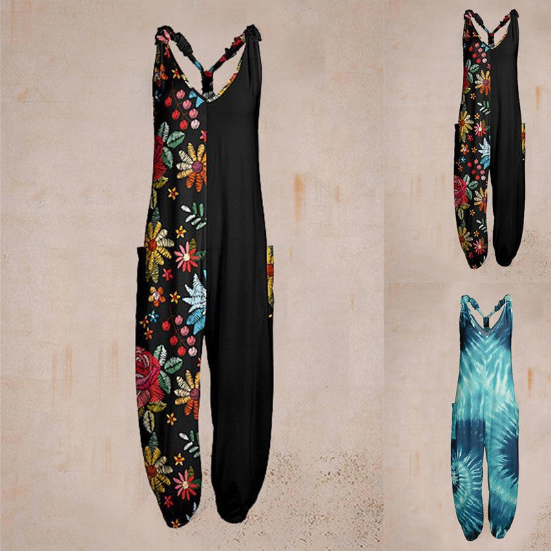Printed Loose-Fit Plus-Size Beach Romper With Straps