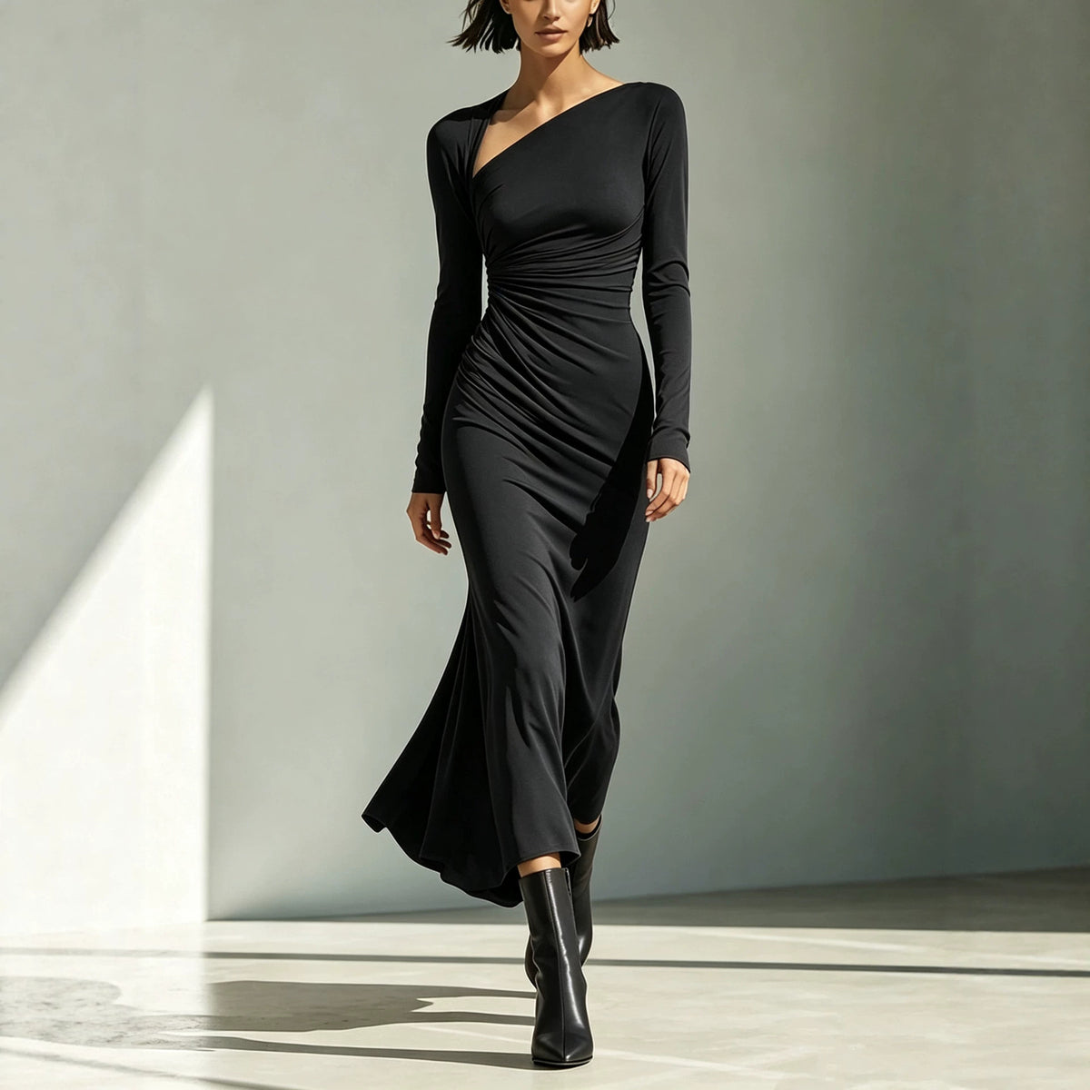 Elegant Pleated Long-Sleeve Maxi Dress