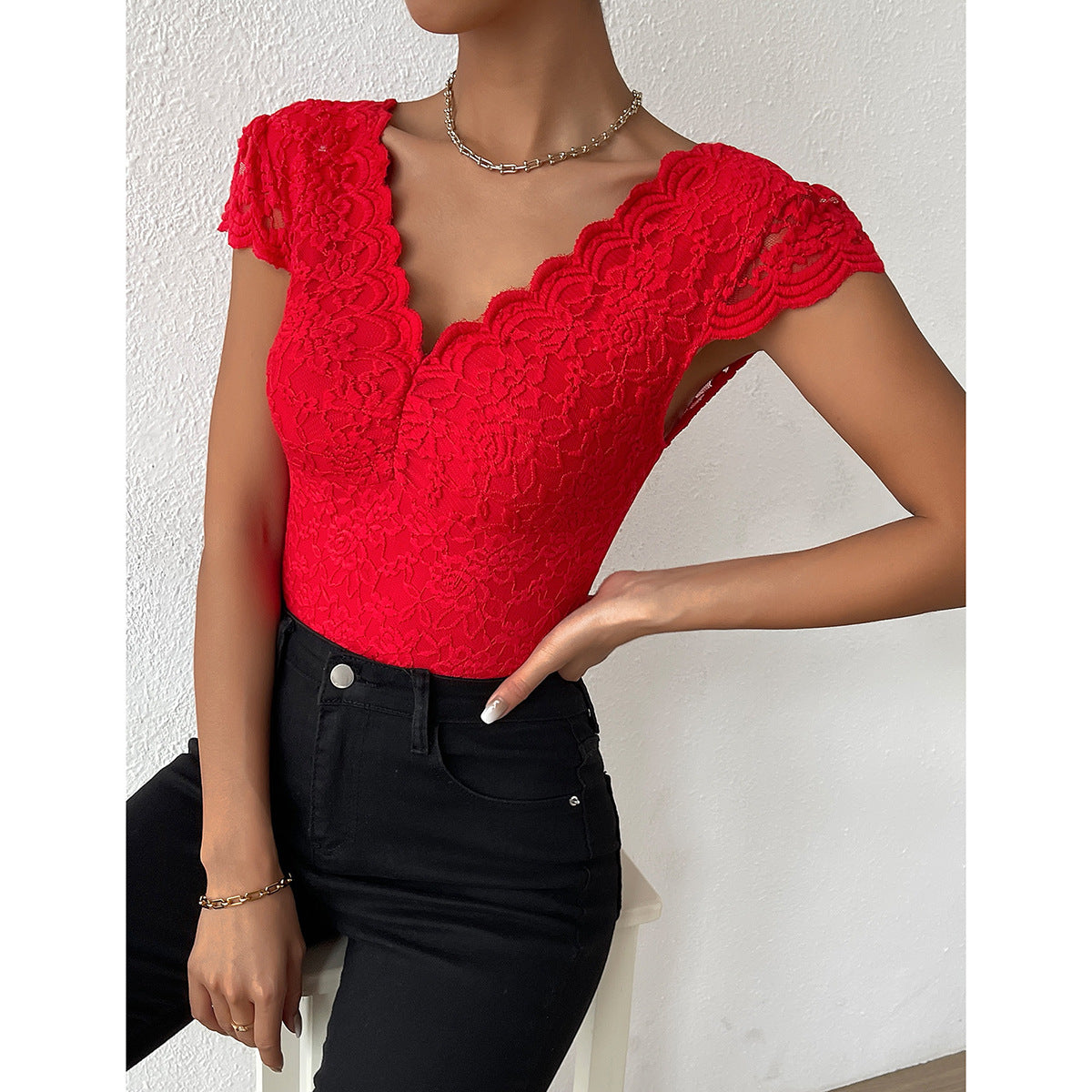 Women's Fashion Solid Color Lace Jumpsuit