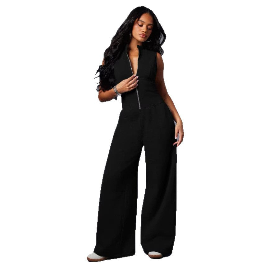 Chic Sleeveless Zip-Front Wide-Leg Jumpsuit
