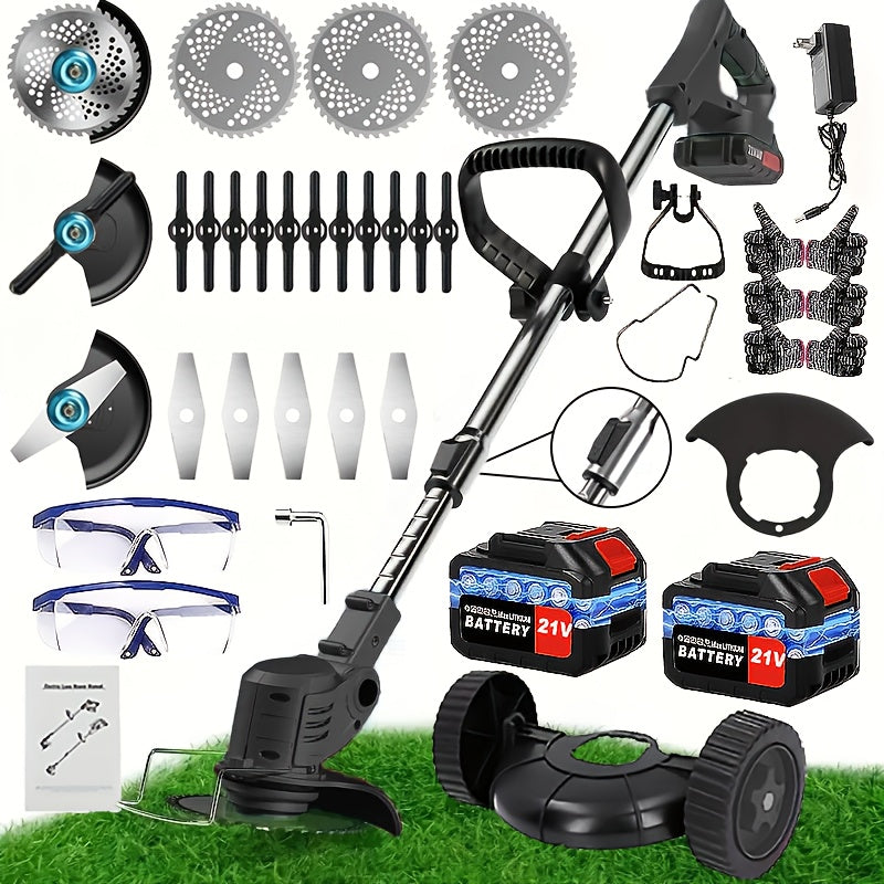 21V Cordless Handheld Multi‑Function Electric Lawn Mower with 2 Lithium Batteries and Triple Blade Set