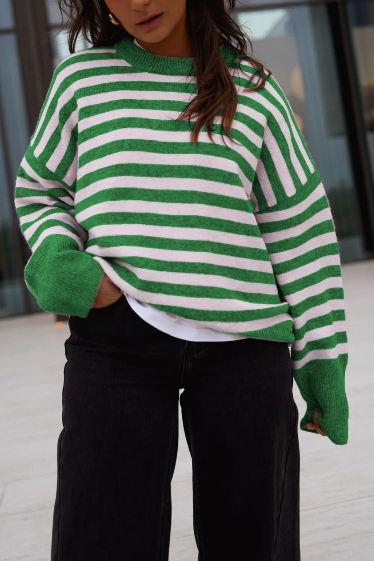 Womens Casual Striped Crew-neck Knitted Pullover Sweater
