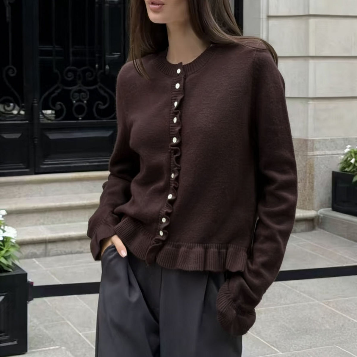 Autumn Winter Long-sleeved Ruffled Knit Cardigan Sweater