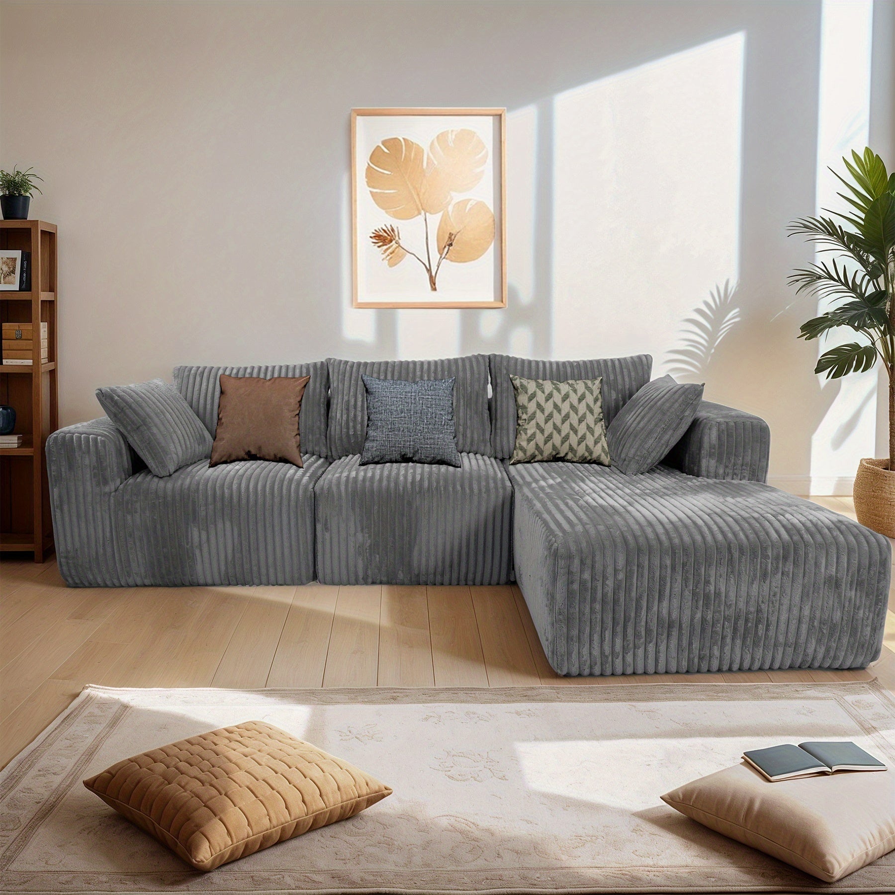 Modular L-shaped chaise longue sofa bed with deep seat and corduroy upholstery