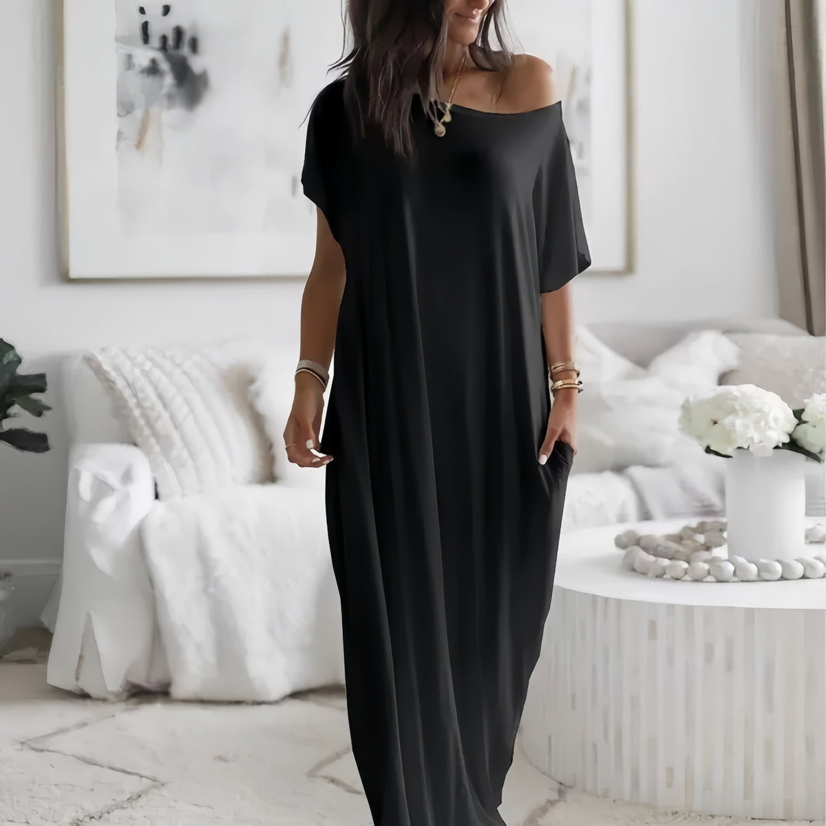 New Womens Solid-color Short-sleeve Long Casual Dress