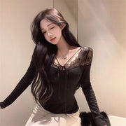Slim-Fit Lace-Panel V-Neck Long Sleeve Tee for Women